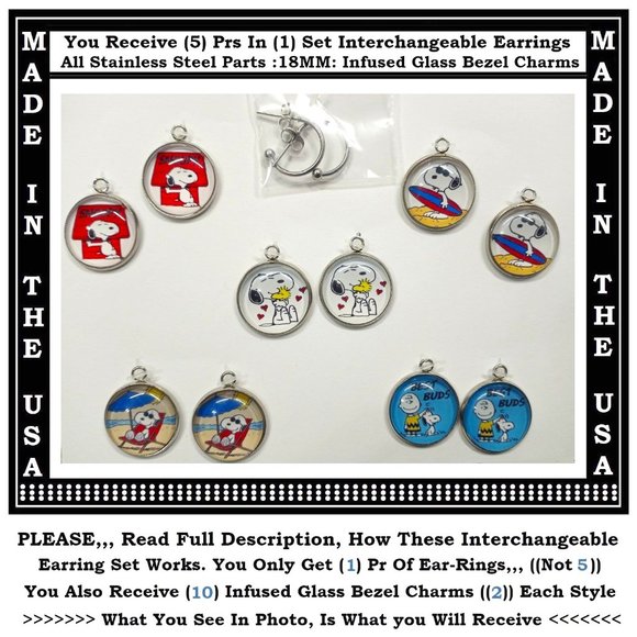 5/$20 Snoopy Charlie Brown Interchangeable Charm Earrings-5 Pairs in Set - Picture 1 of 8
